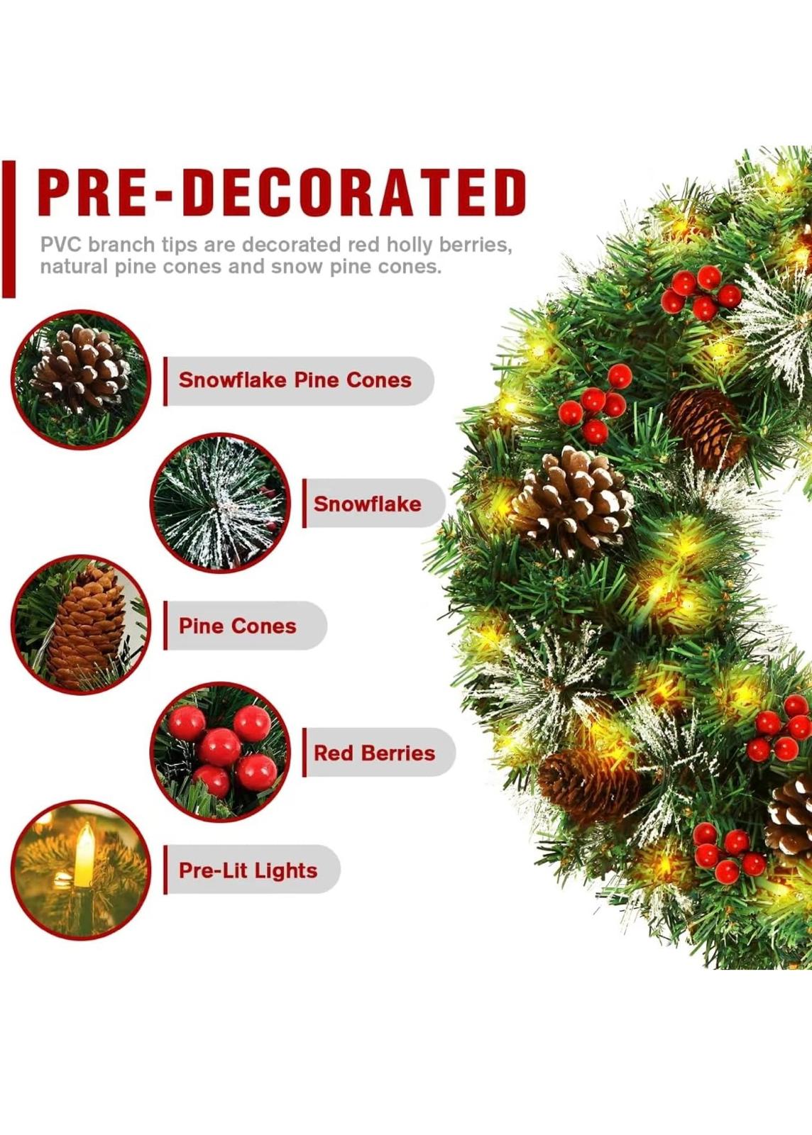 Christmas Wreath 18 Inch,Pre-Lit Artificial Christmas Wreaths for Front Door Decorated with Pine Cones, Red Berries, Frosted Branches,50 LED Lights for Christmas Decorations Indoor Outdoor Decor