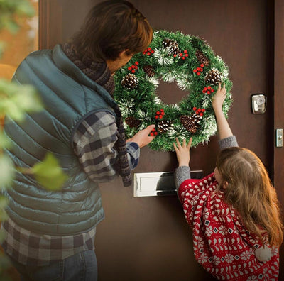 Christmas Wreath 18 Inch,Pre-Lit Artificial Christmas Wreaths for Front Door Decorated with Pine Cones, Red Berries, Frosted Branches,50 LED Lights for Christmas Decorations Indoor Outdoor Decor