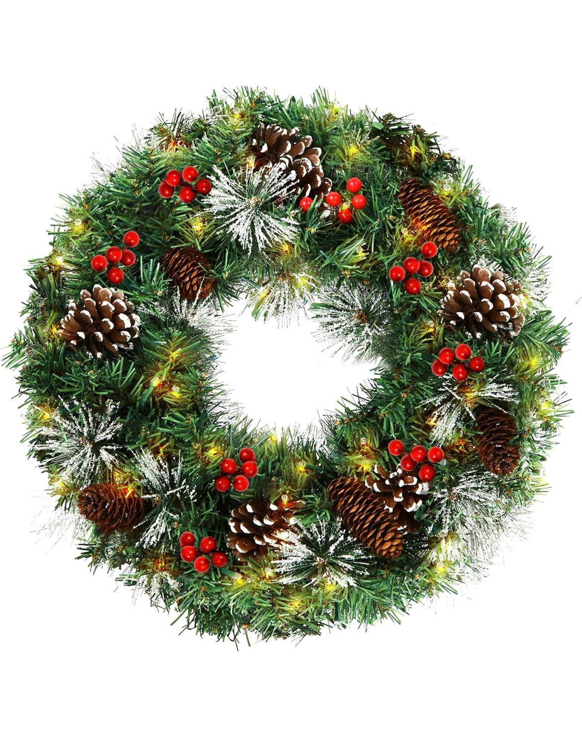 Christmas Wreath 18 Inch,Pre-Lit Artificial Christmas Wreaths for Front Door Decorated with Pine Cones, Red Berries, Frosted Branches,50 LED Lights for Christmas Decorations Indoor Outdoor Decor